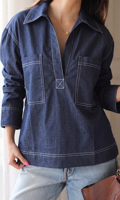 Navy Cotton Denim Contrast Stitch Utility Top