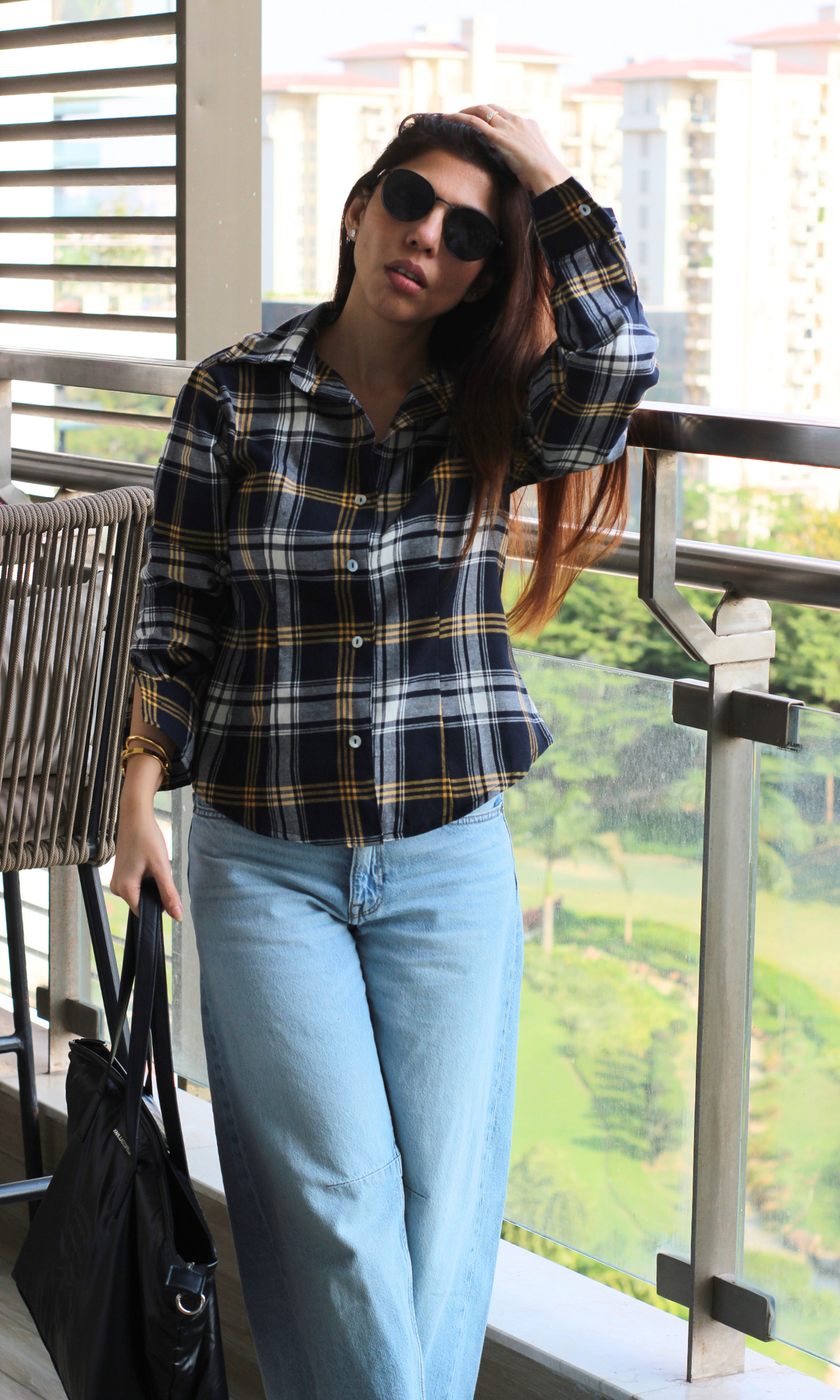Blue Yellow Check Peplum Shirt