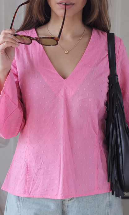 Pink Swiss Dot V-Neck Peplum Top