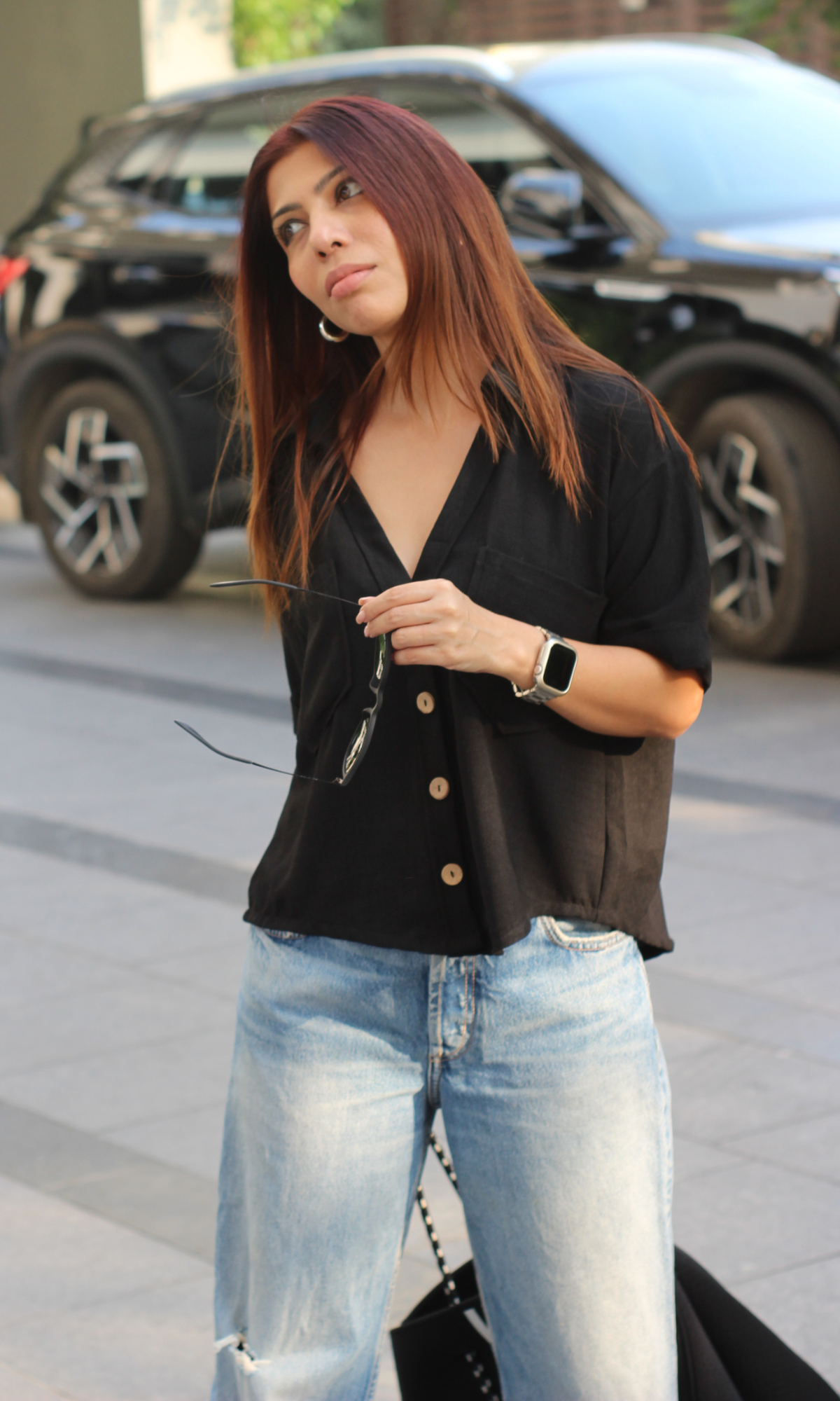 Black Textured Cropped Shirt