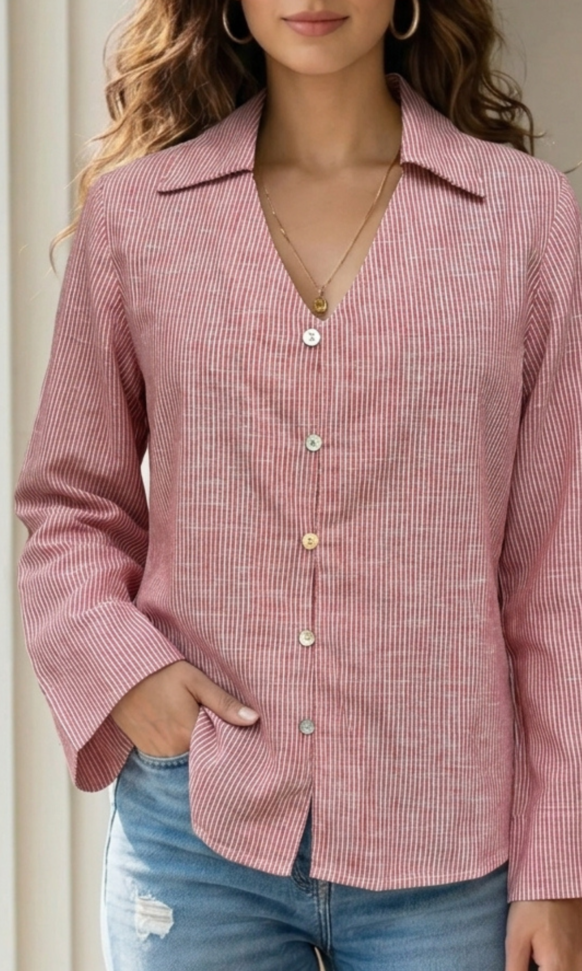Red Stripe Flared Sleeves Shirt