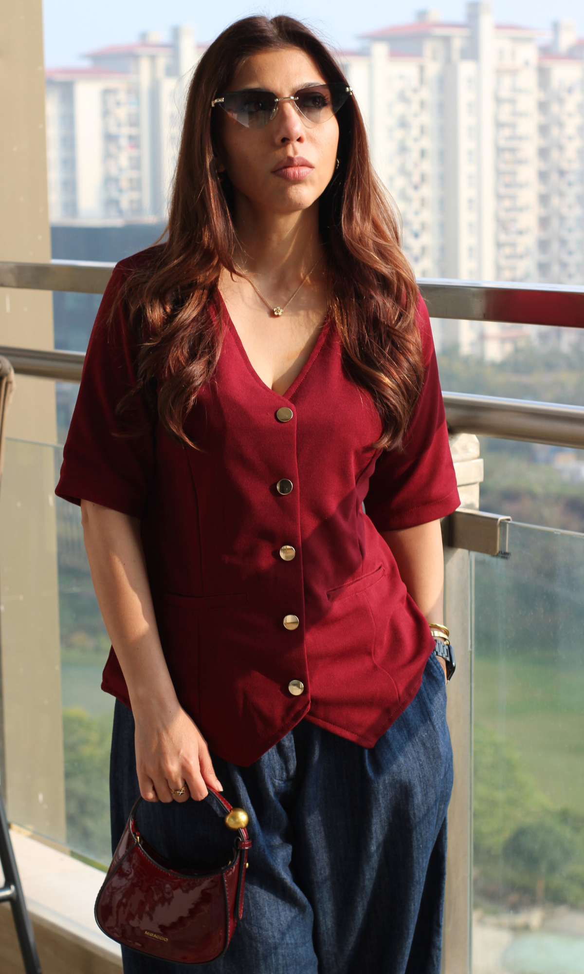 Wine Sleeved Metallic Buttoned Waist Coat