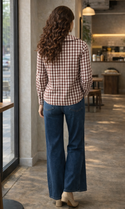 Wine Gingham-Check Peter Pan Collared Shirt