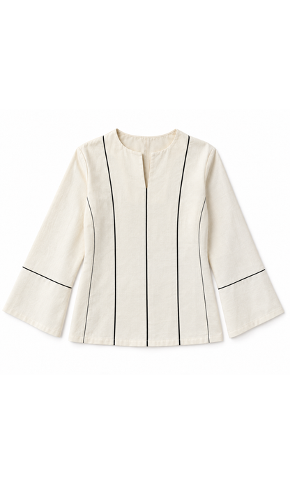 Contrast-Piped Ivory Blouse