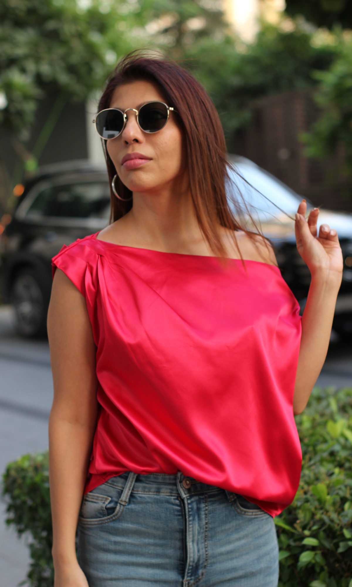 Red Pink One-Shoulder Top