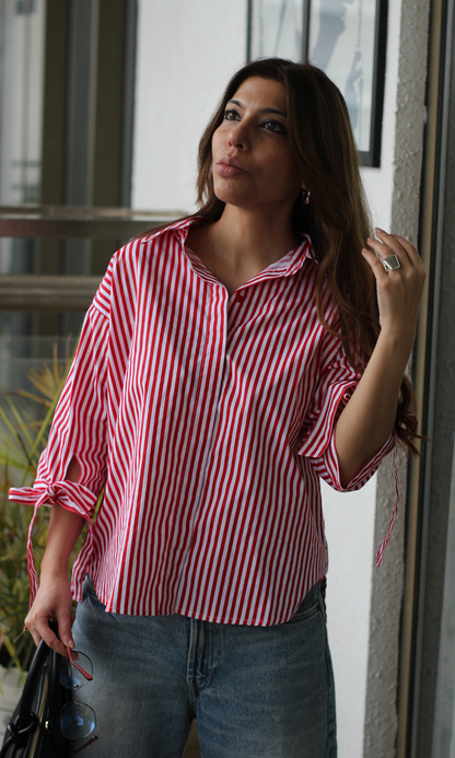Tomato Stripe Bow Detail Shirt