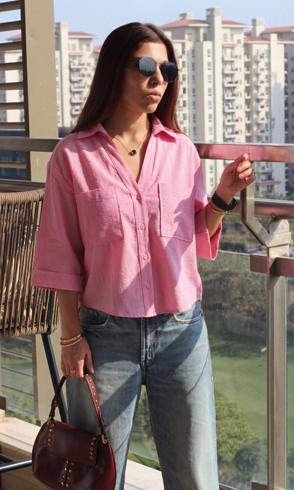 Bright Rose-Pink Weave Cropped Shirt