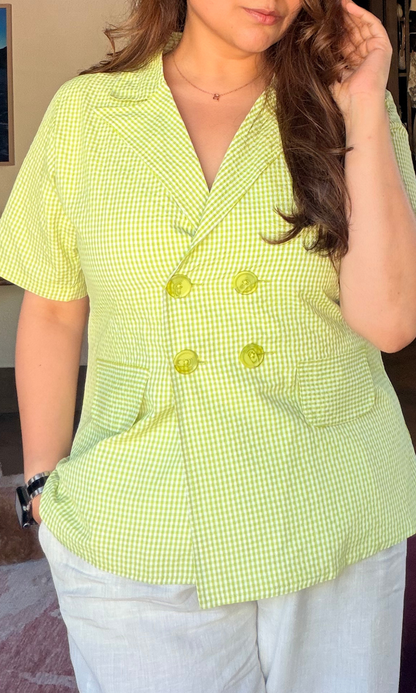 Lime Gingham Double-Breasted Half sleeves Blazer