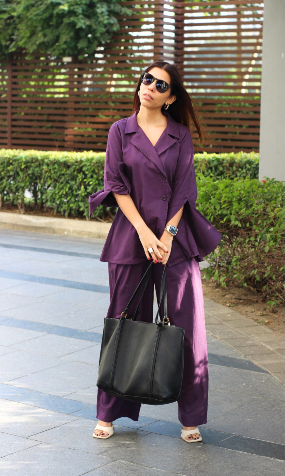 Purple Cut-Sleeved Blazer Top with Flared Pants Co-ord