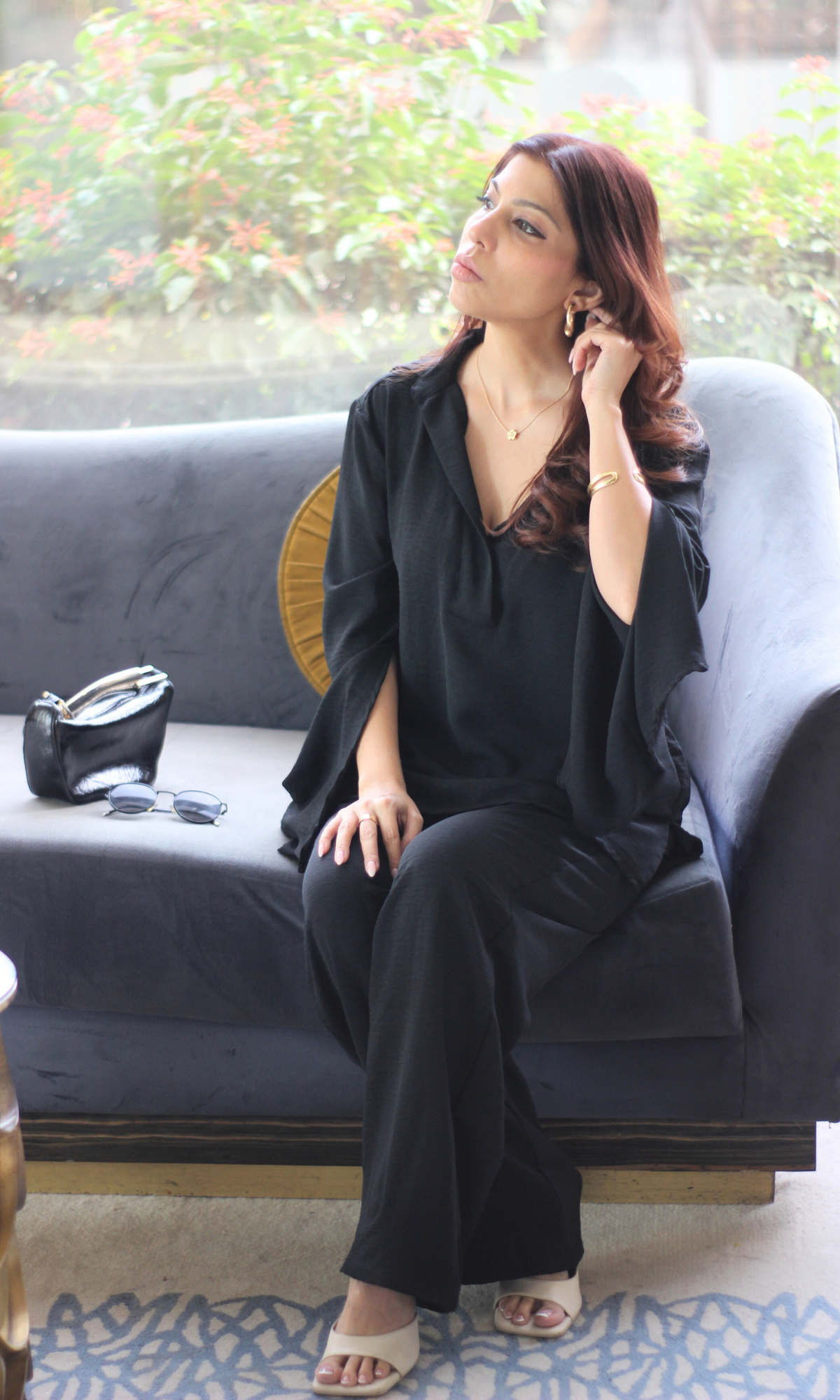 Black Slit Sleeves Top and Pants Co-ord