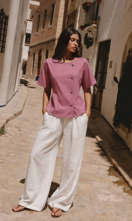 Pink Denim Contrast Stitch Top