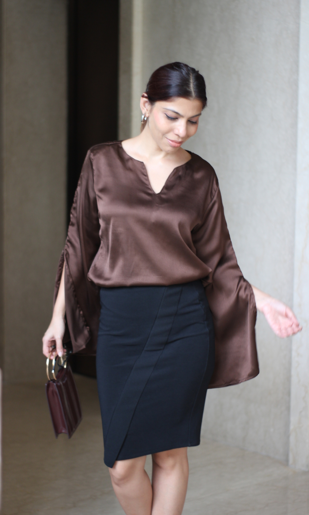 Walnut Slit Sleeve Satin Top