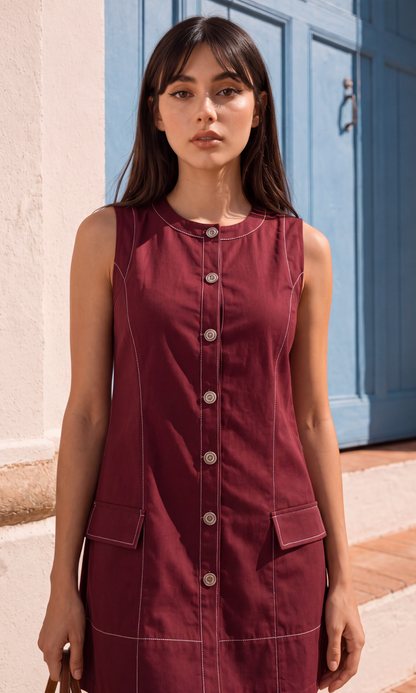 Wine Denim Button-Front Mini Dress