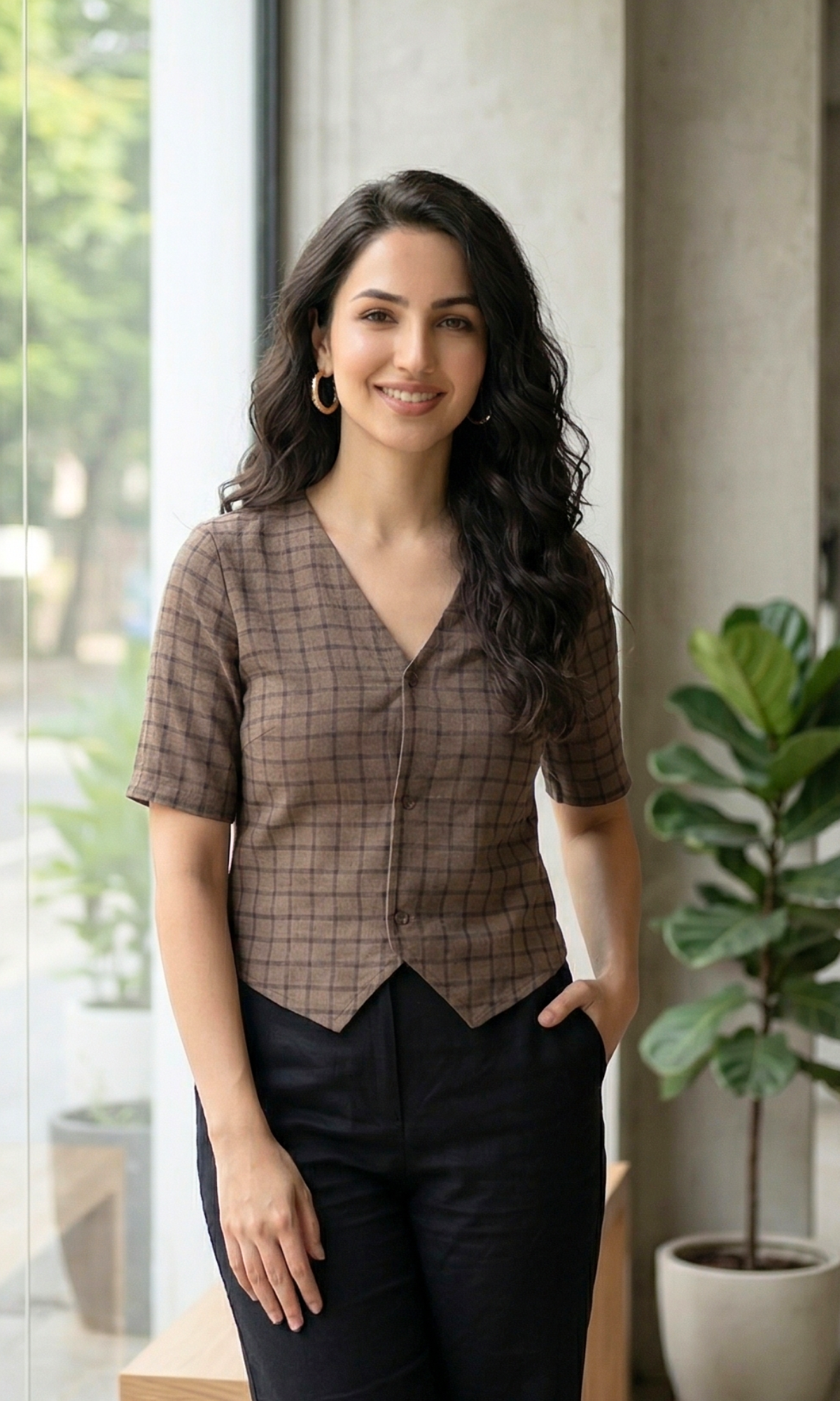 Espresso Grid Sleeved Waist Coat
