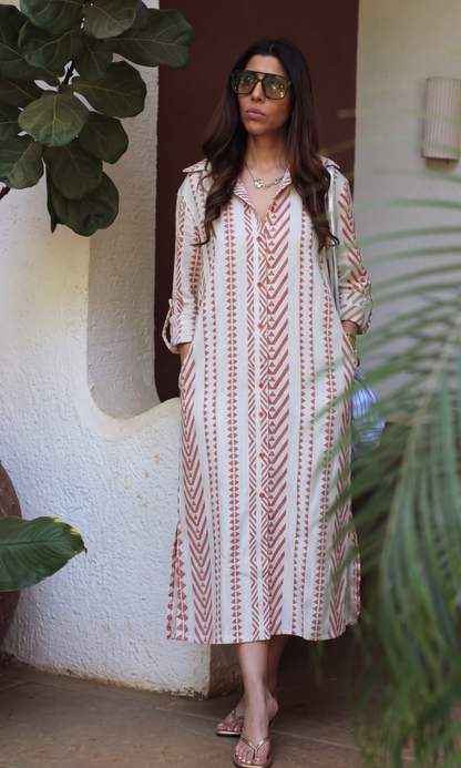Terracotta Geometric Embroidered Shirt Dress