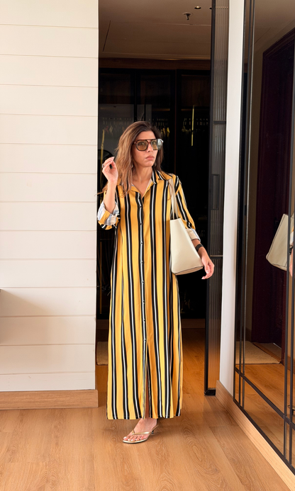 Mustard Black Stripe Shirt Dress