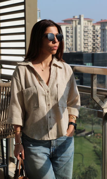 Soft Beige Weave Cropped Shirt