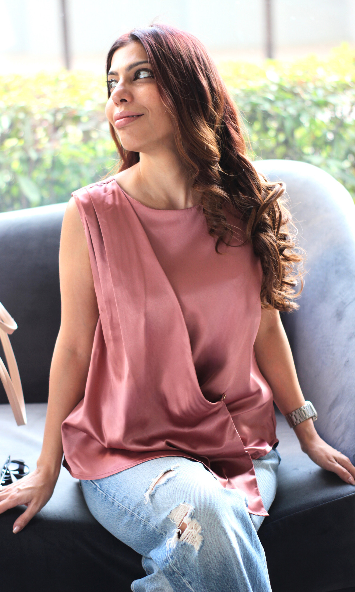 Old Rose Asymmetric Button Detail Top