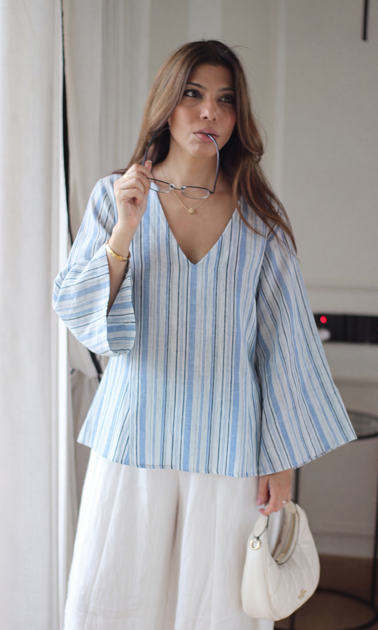 Blue Stripe V-Neck Peplum Top
