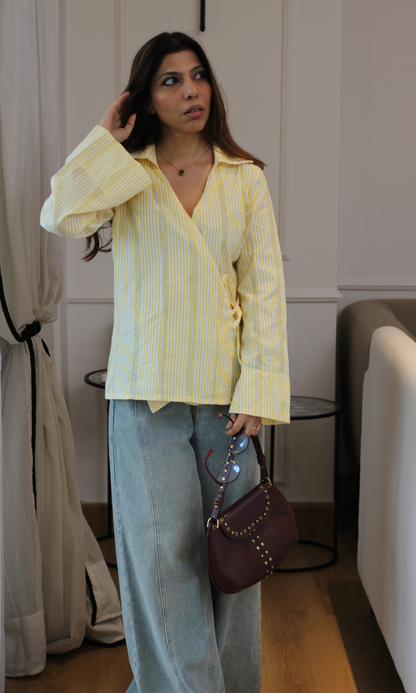 Yellow Stripe Bell-Sleeve Kimono Top