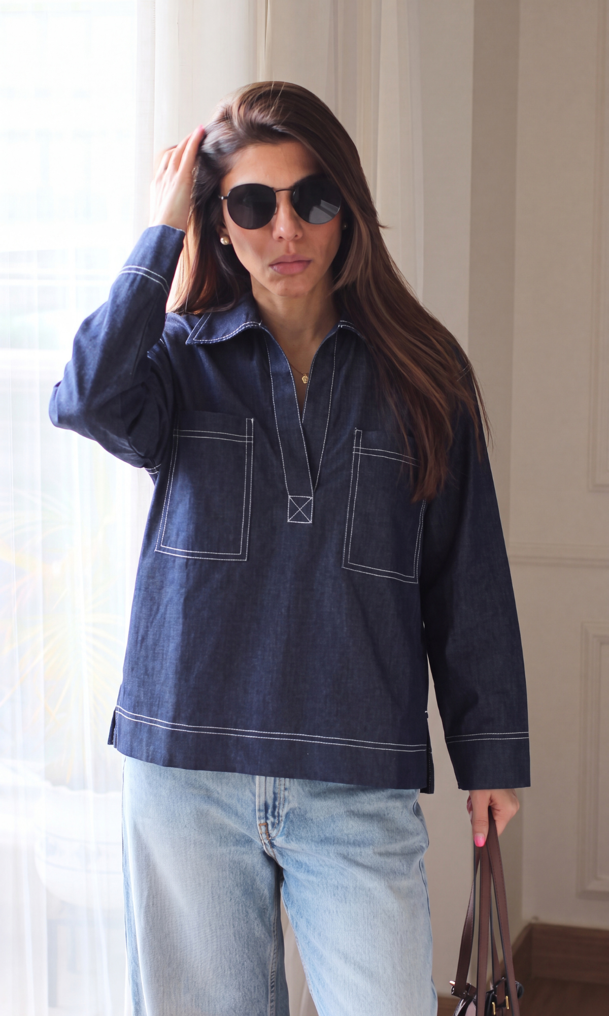 Navy Cotton Denim Contrast Stitch Utility Top