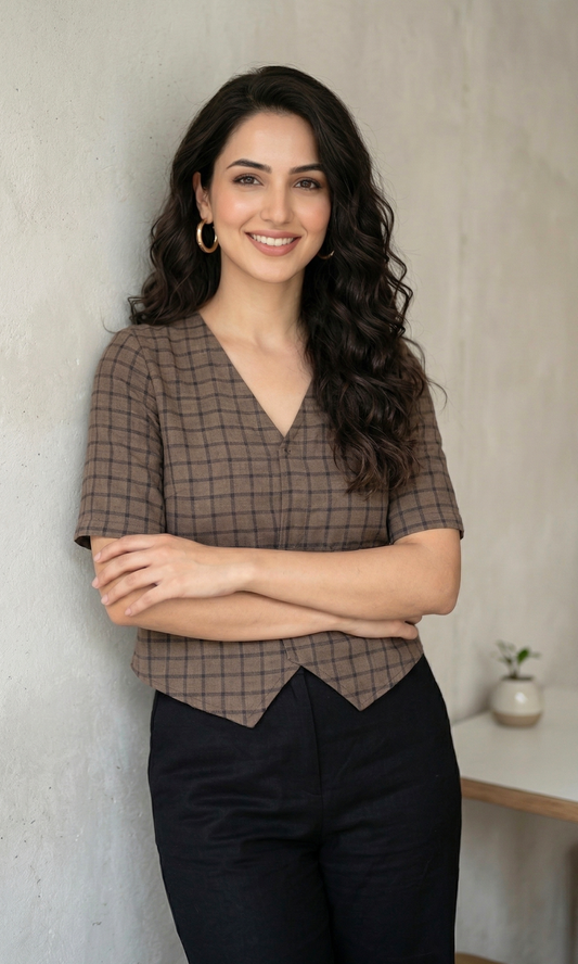 Espresso Grid Sleeved Waist Coat