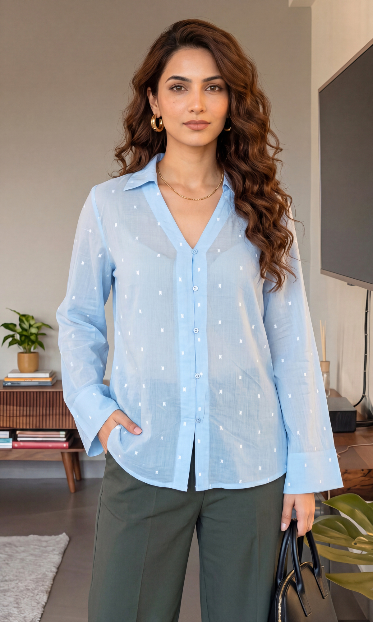 Sky-White Dobby Flared Sleeves Shirt