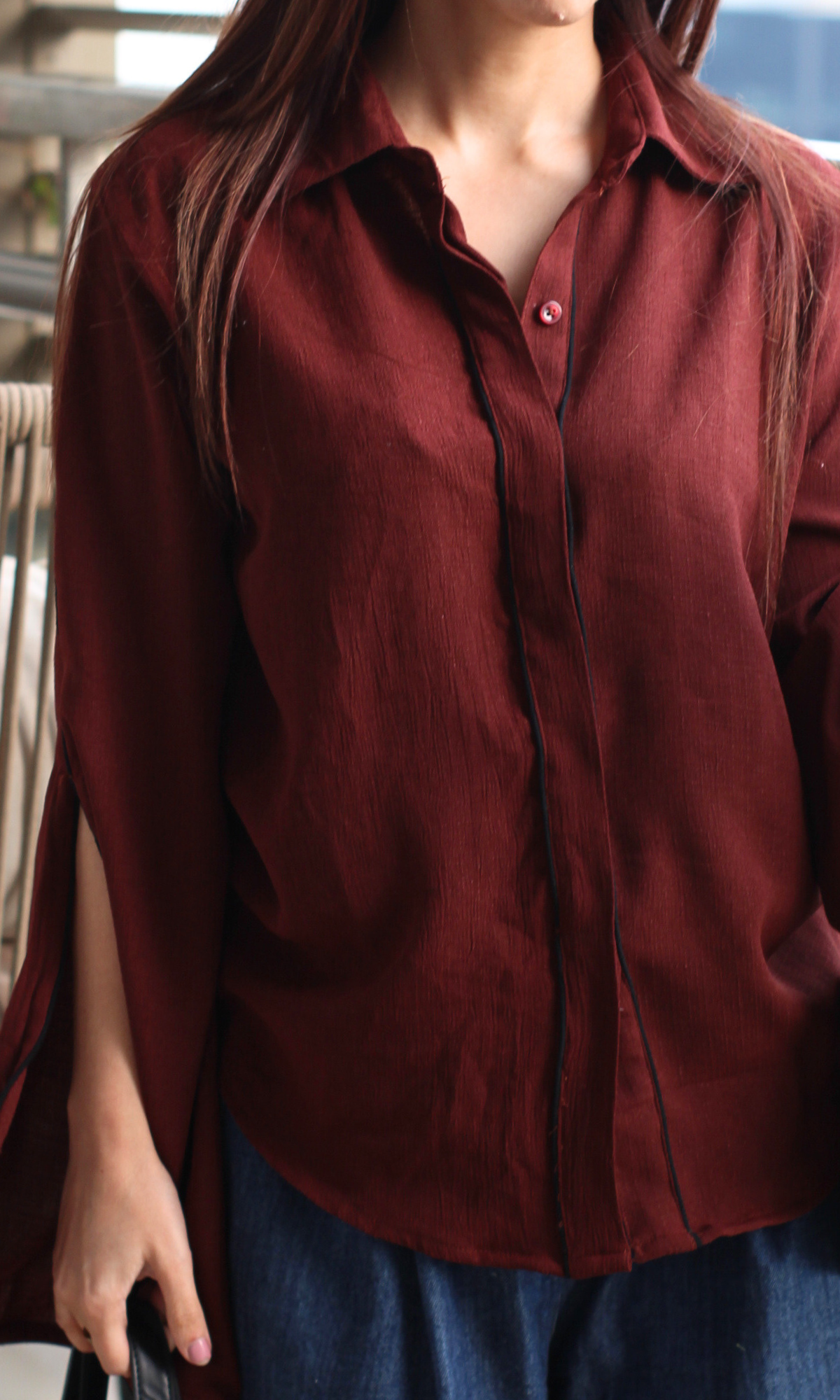 Brown Textured Slit Sleeve Shirt