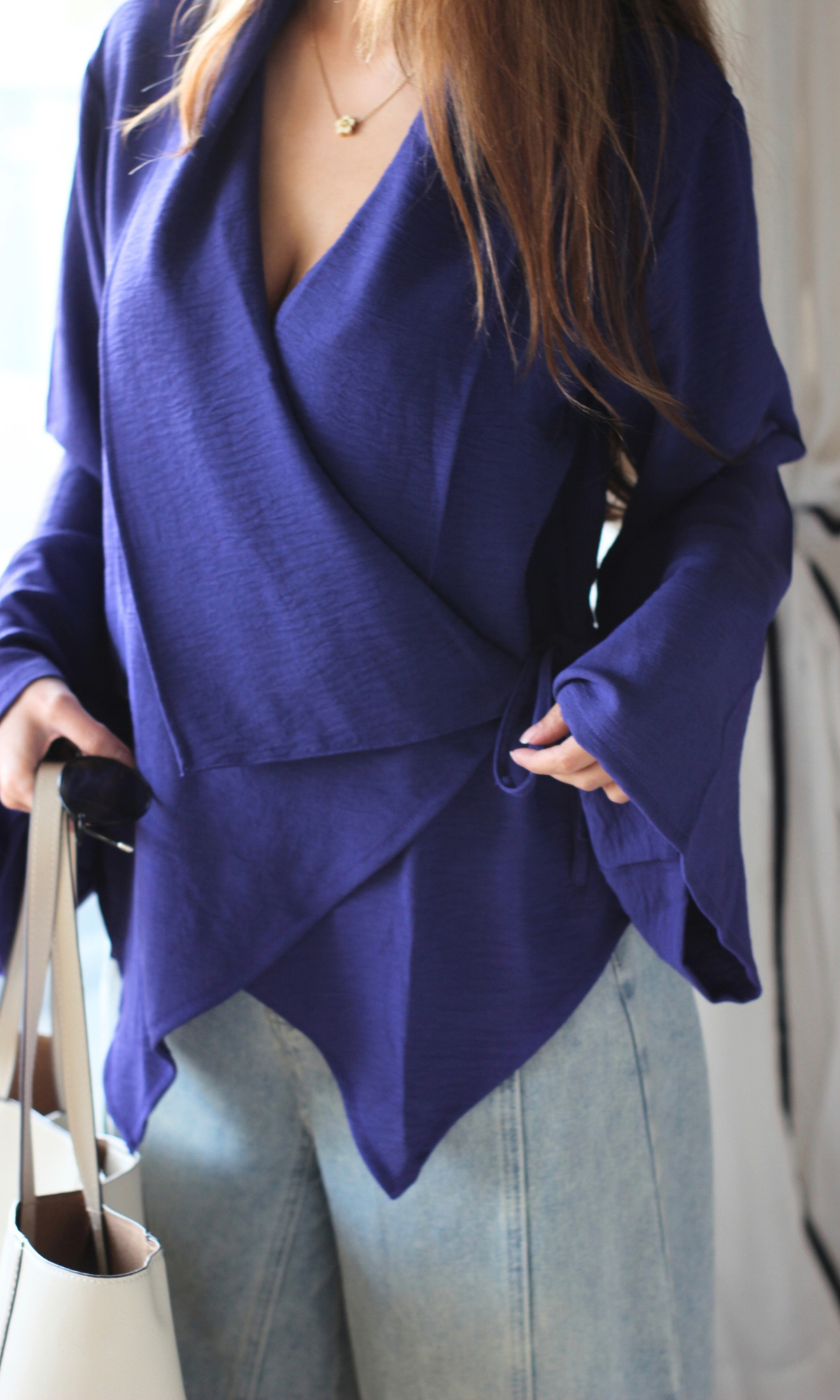 Violet Asymmetric Flared-Sleeve Wrap Top