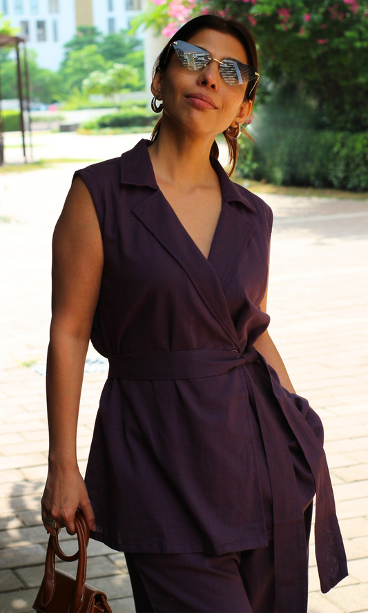 Deep Plum Belted Blazer Top with Flared Pants Co-ord