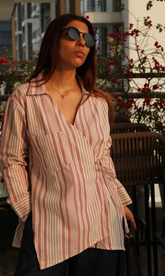 Pink-White Weaved Cuts Detail Kimono Top