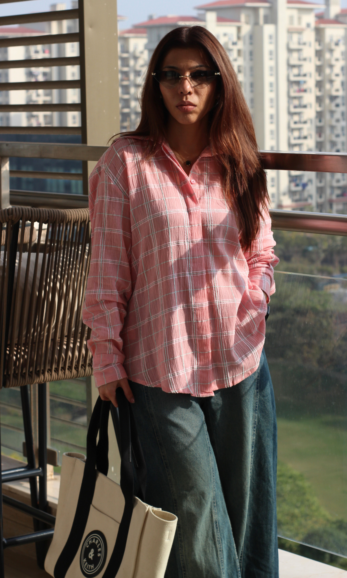 Pink Crinkled Checked Shirt