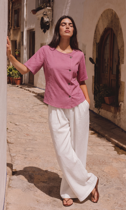 Pink Denim Contrast Stitch Top