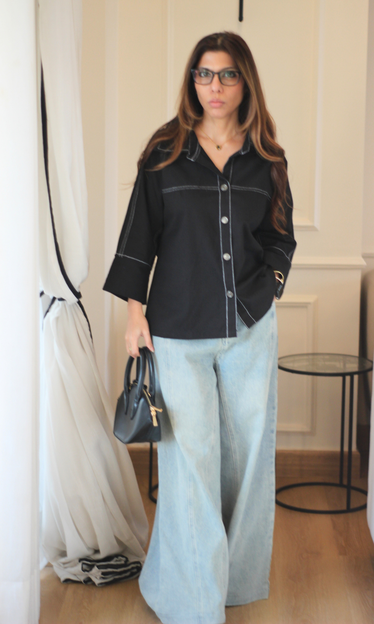 Clean Black Denim Topstitch Detail Shirt