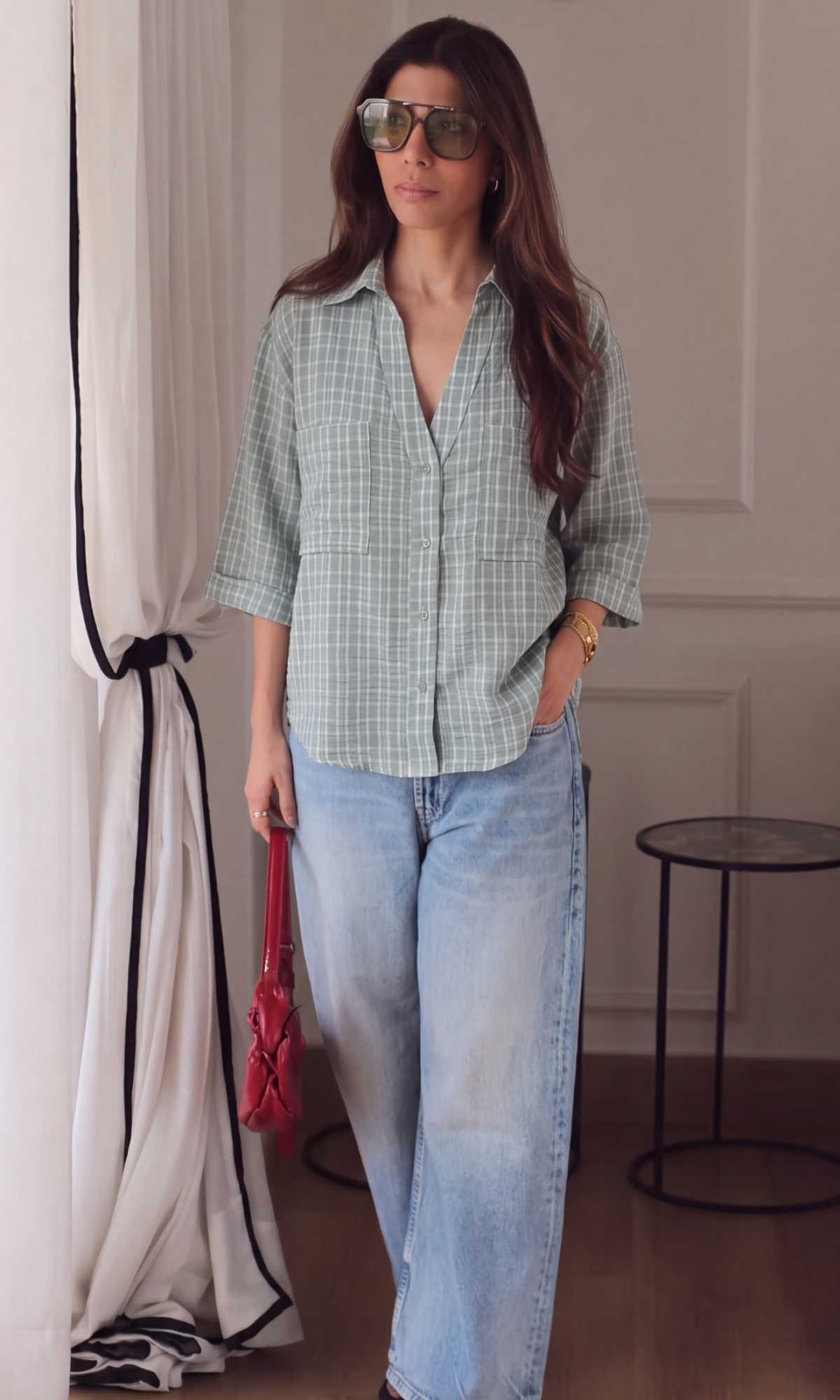 Sage Green Check Loose Shirt