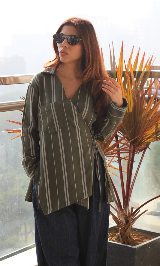 Olive Weaved Cuts Detail Kimono Top