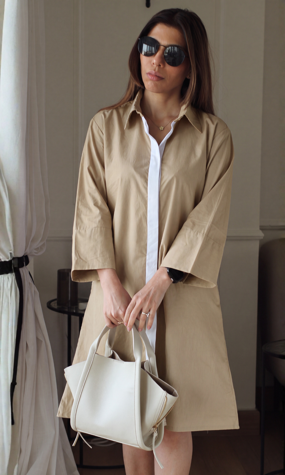 Sand Contrast Placket Poplin Dress