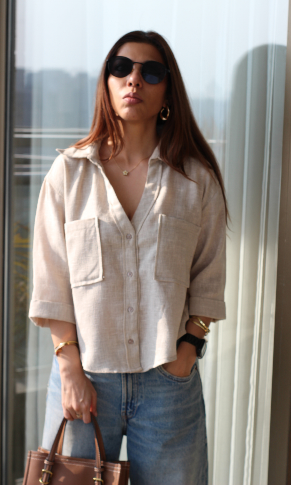 Soft Beige Weave Cropped Shirt