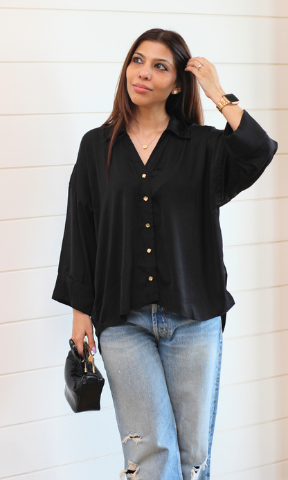 Black Sleeved Metallic Buttoned Shirt