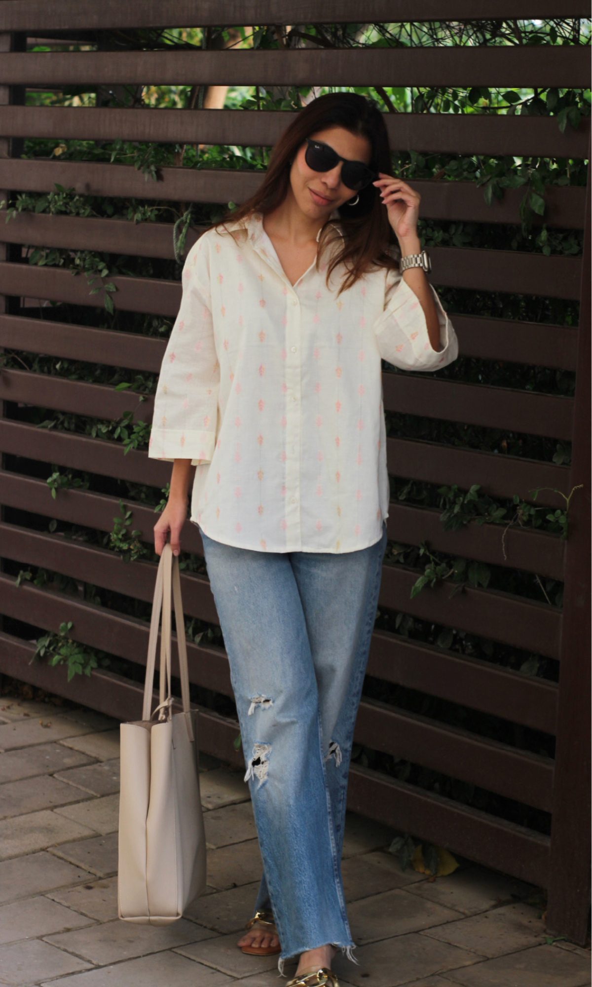 White Lurex Detail Cotton Shirt