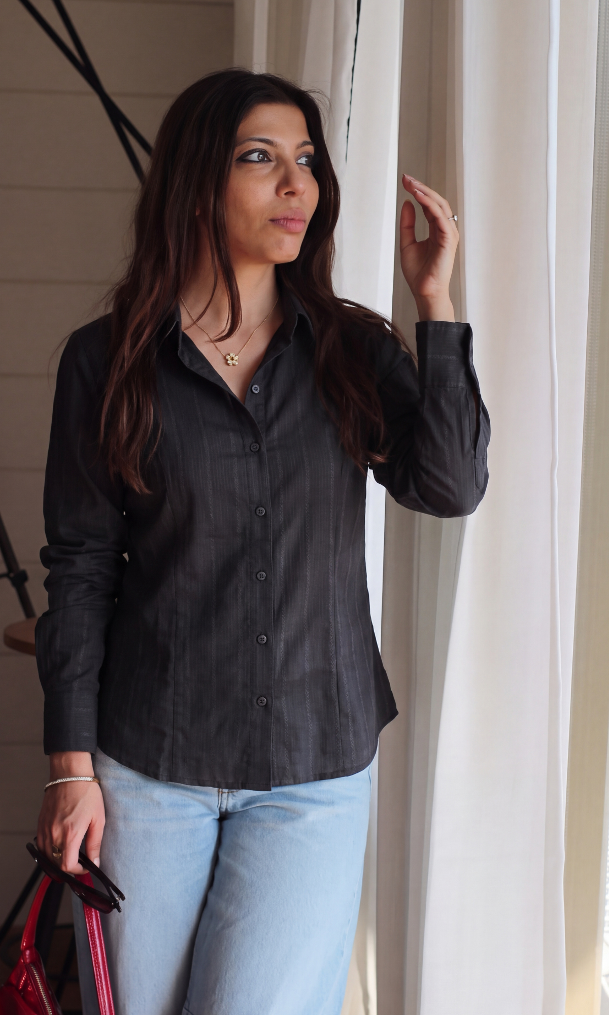 Charcoal Cotton Weave Peplum Shirt