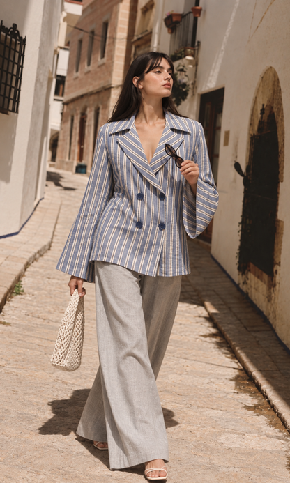 French Blue Stripe Double-Breasted Shacket