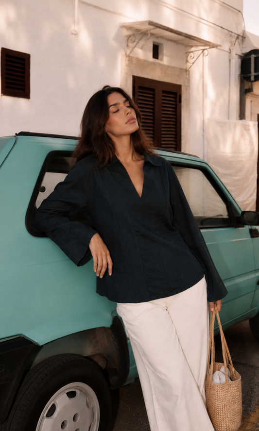 Charcoal Textured V-Neck Blouse