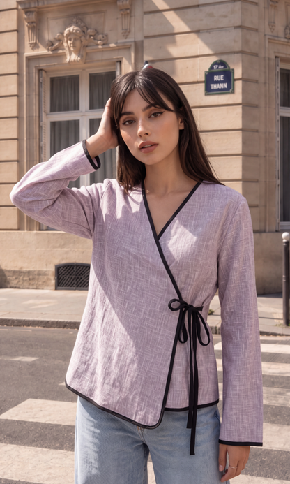 Dusty Mauve Contrast-Trim Tie Kimono Top