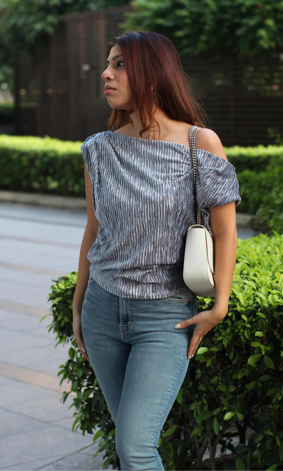 Grey Pleated One-Shoulder Top