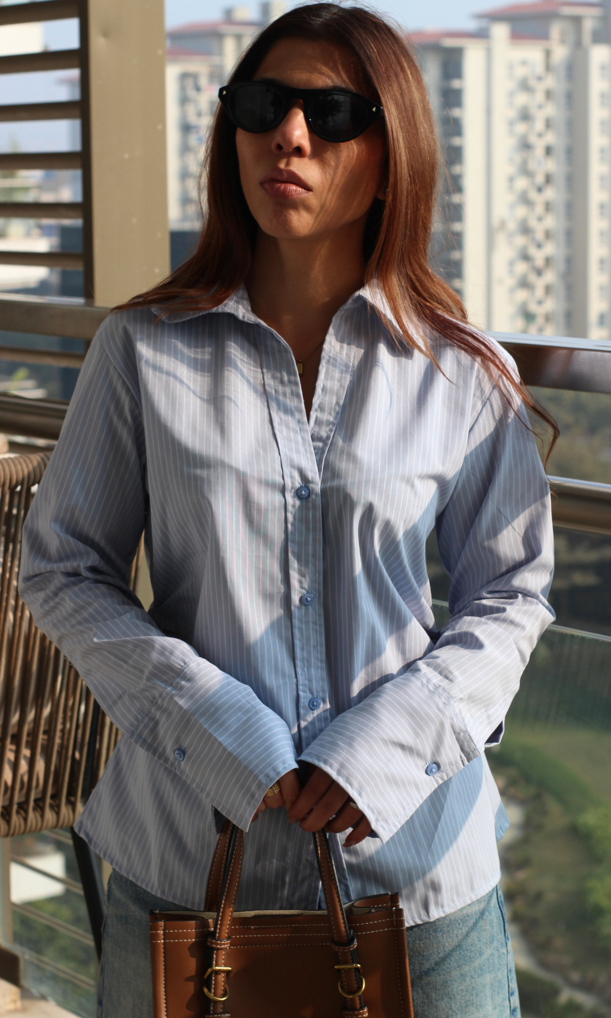 Soft Blue Pinstripe Side Cinch Shirt