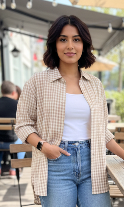 Biscotti-tone gingham checked shirt for women featuring a cozy heavier fabric, bold oversized checks and relaxed silhouette — ideal for autumn layering.