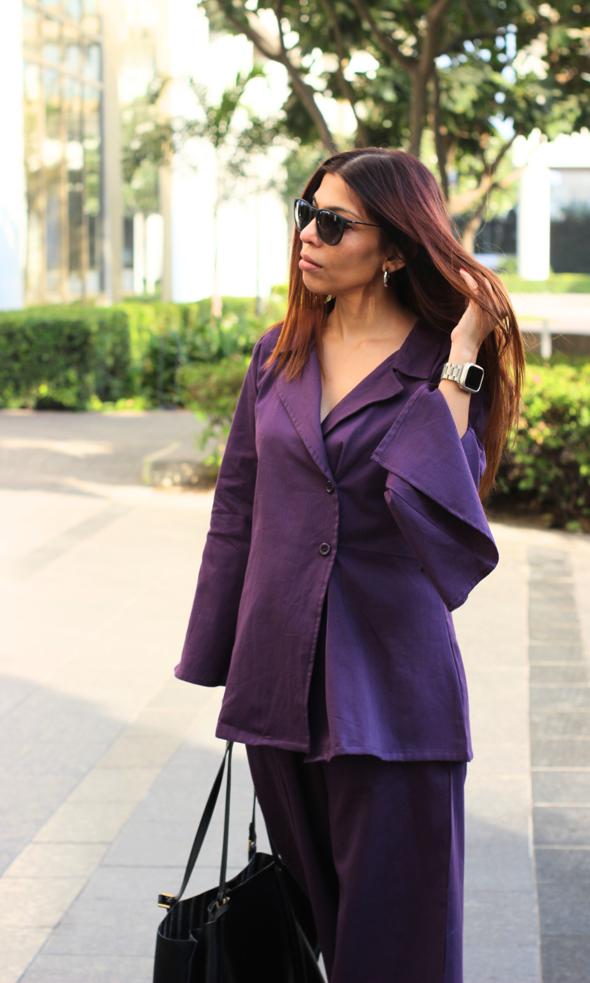 Purple Cut-Sleeved Blazer Top with Flared Pants Co-ord