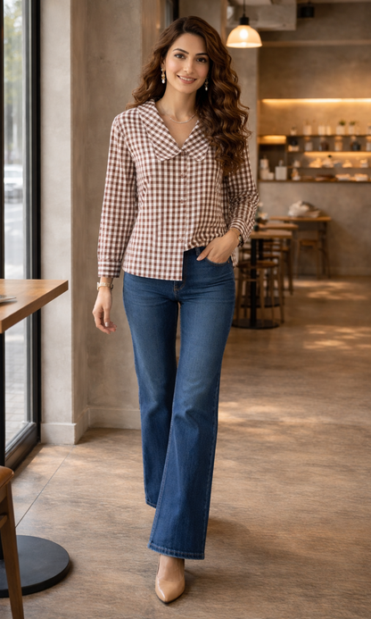 Wine Gingham-Check Peter Pan Collared Shirt