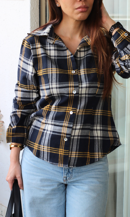 Blue Yellow Check Peplum Shirt